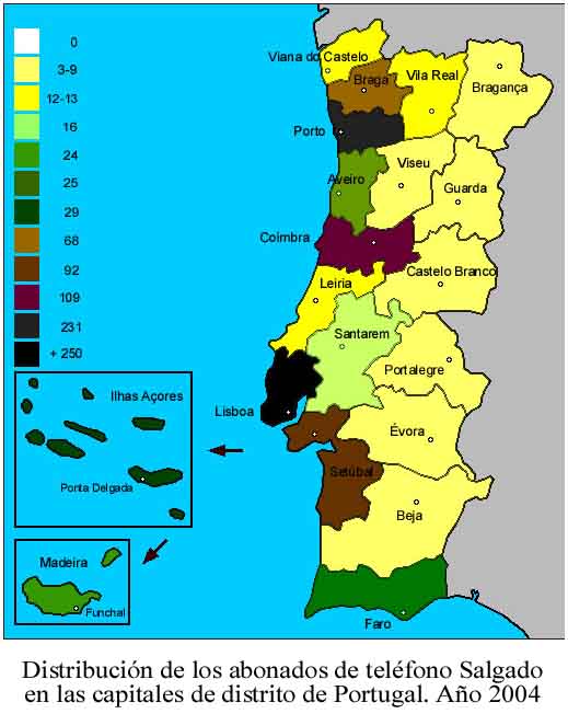 Reparticin de los abonados de telfono apellidados Salgado en las capitales de distrito de Portugal. Ao 2004