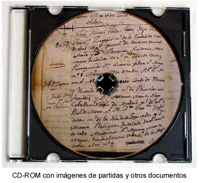 Ejemplo de CD-ROM con imágenes de documentos genealógicos. La etiqueta reproduce el borrador de una partida de bautismo de 1809, de la parroquia de San Ginés (Madrid)